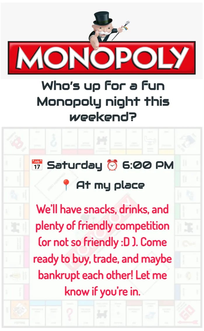 Invitation card monopoly - party